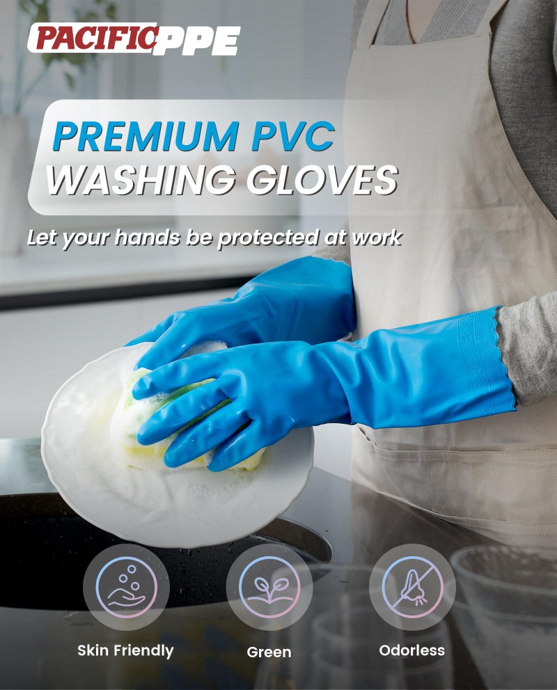 PACIFIC PPE 2 Pairs Reusable Dishwashing Cleaning Gloves with Latex Free, Cotton Lining, Kitchen Gloves, Blue, Medium - Image 2